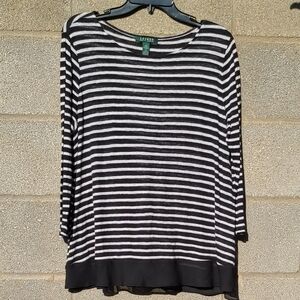 Lauren Ralph Lauren Black and White Striped Linen Blouse Size L